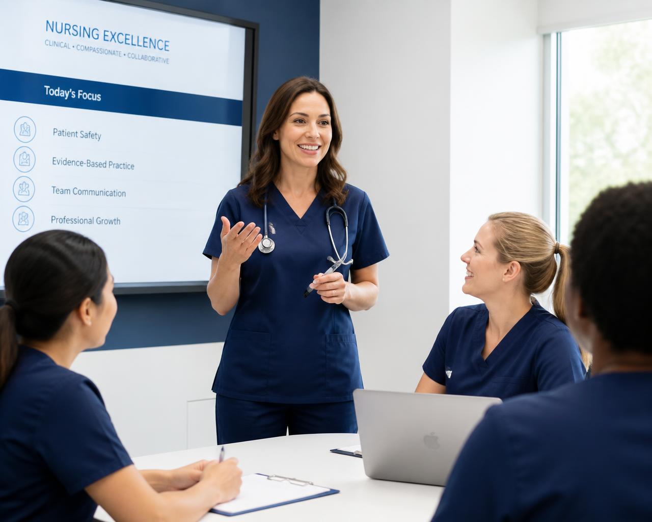 Nurse educator teaching a small group of nurses